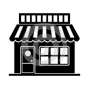Black and white simple icon of a storefront with awning and windows shop building