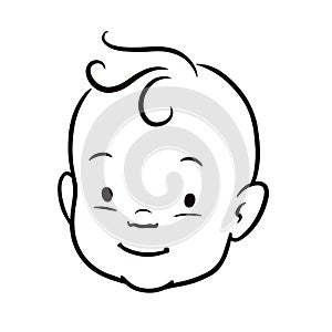 Black and white simple line vector cartoon illustration of a smiling baby face.