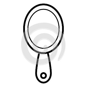 Black and white simple linear icon of a trendy glamorous oval mirror for applying makeup with a handle for beauty guidance. Vector