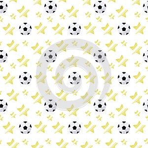 Simple volumetric soccer ball with a glare and yellow stars repeating light seamless sport pattern on a white background