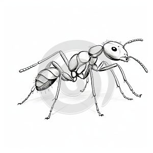 Black And White Sketch Of An Ant: Flat Shading, Hyper-realistic Art photo