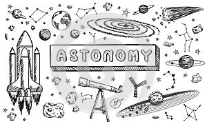 Black and white sketch astronomy science education doodle