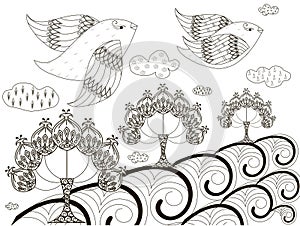 Black and white sketch of background: flying birds, stylized trees, clouds, anti stress coloring page illustration