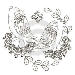 Black and white sketch of birds on fruits, stylized flowers and butterfly