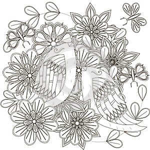 Black and white sketch of bouquet with birds, stylized flowers and butterflies