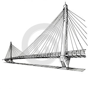A black and white sketch of a cable-stayed bridge design. The structure features two