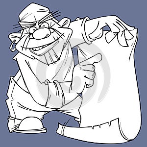 Sketch of cartoon pirate pointing at blank card