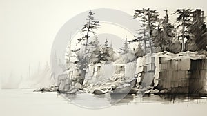 Black And White Sketch Of Cliffs And Trees: Realistic Watercolor Painting Style