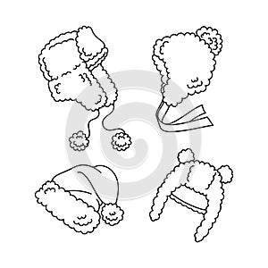 Black and white sketch of different types of winter hats. Ushanka hat, hat with ponpon, Santa Claus hat. Children's