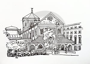 Black and white sketch drawing of Rome cityscape photo