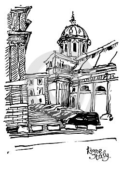 Black and white sketch drawing of Rome cityscape, Italy photo