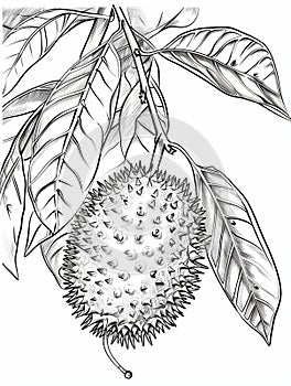 Black and white sketch of a Durian fruit with leaves. Isolated on a white background.
