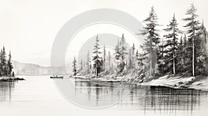 Black And White Sketch: How To Draw Atmospheric Pine Trees On A Lake