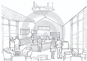 Black and white sketch of a modern reception area and servery. photo