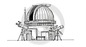 A black and white sketch of an observatory featuring a large, domed structure with an
