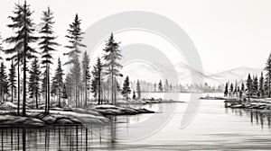 Black And White Sketch Of Pine Trees Along Water