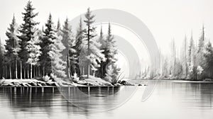 Black And White Sketch Of Pine Trees Along Water