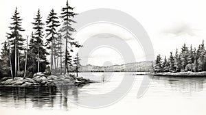 Black And White Sketch Of Pine Trees Along Water