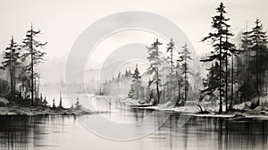 Black And White Sketch Of Pine Trees Along Water photo