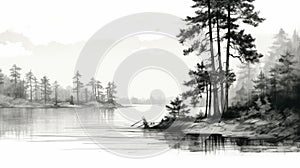 Black And White Sketch Of Pine Trees By The Lake