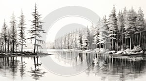 Black And White Sketch Of Pine Trees Reflecting On Calm Waters