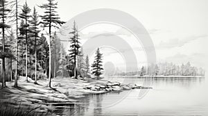 Black And White Sketch Of Pine Trees By The Water