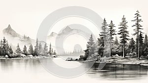 Black And White Sketch Of Pine Trees By Water photo