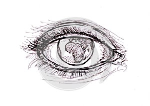 Black and white sketch of planet earth as a human eye.