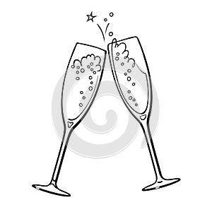 Black and white sketch of two glasses of champagne