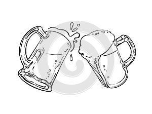 Sketch of two toasting beer mugs. Cheers. Clinking glass tankards. Hand drawn vector illustration.