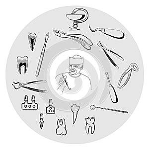 Black and white sketched dental tools, teeth and other objects of implant surgery