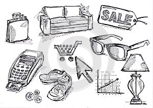 Black and white sketches for shopping and consumers.