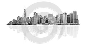 Black and white skyline panorama of downtown Financial District and the Lower Manhattan in New York City, USA. isolated