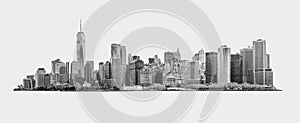 Black and white Skyline panorama of downtown Financial District and the Lower Manhattan in New York City, USA. isolated