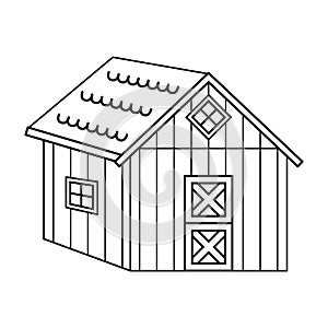 Black white small outline wooden house or barn, door is closed. Vector hand drawn isolated illustration for coloring