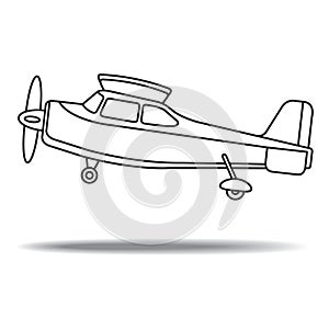 Black and white small propeller aircraft take off