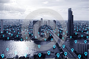 Black and white smart city with blue location sign, communication technology concept