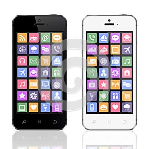 Black and white smartphones with apps icons