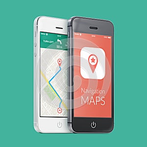 Black and white smartphones with map gps navigation app on the s