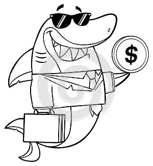 Black And White Smiling Business Shark Cartoon Mascot Character In Suit