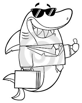 Black And White Smiling Business Shark Cartoon Mascot Character In Suit, Carrying A Briefcase And Holding A Thumb Up