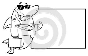 Black And White Smiling Business Shark Cartoon Mascot Character In Suit, Carrying A Briefcase And Holding A Thumb Up To Blank Boar