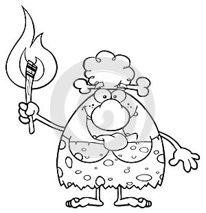 Black And White Smiling Cave Woman Cartoon Mascot Character Holding Up A Fiery Torch