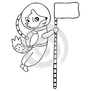 Black and white smiling fox or dog in a spacesuit and a sticking tail flies in zero gravity and holds the flag. Isolated hand-draw