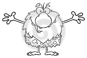 Black And White Smiling Male Caveman Cartoon Mascot Character With Open Arms For A Hug