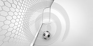 A black and white soccer ball football and a goal post