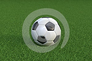 Black and white soccer ball rests on a vibrant green grass pitch, evoking the spirit and passion of the sport of football