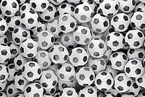 Black and white soccer balls background. Top view. 3d illustration