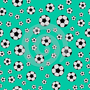 Black and white soccer balls on green background. Football seamless pattern. Cartoon sport vector illustration. Easy to edit