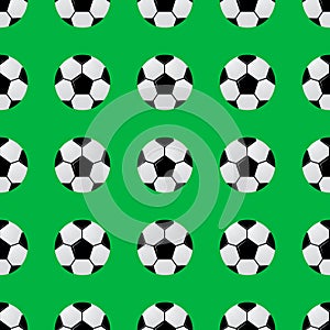 Black and white soccer balls on green seamless pattern. Football vector background. Sport competition theme cartoon style